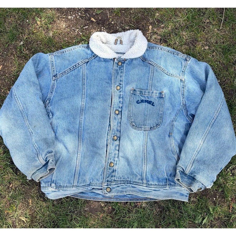 Vintage Camel Denim Jacket Sherpa Lined Trucker Coat‎ Mens Large USA 90s
